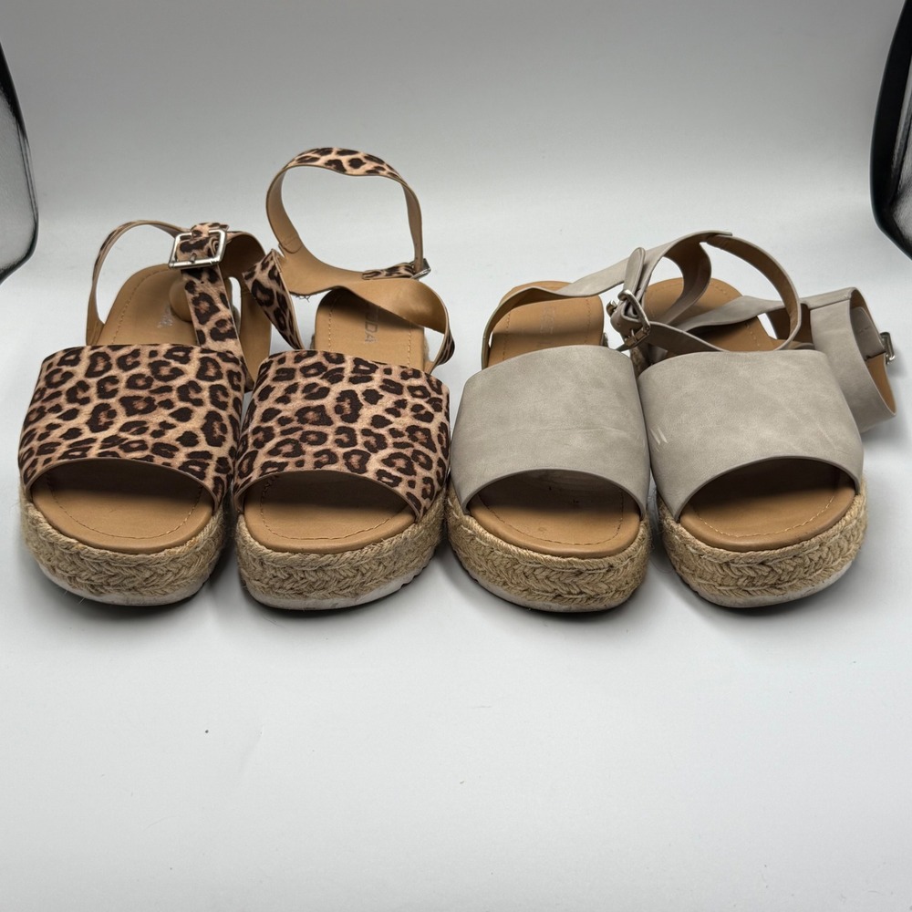SODA Espadrille Platform Sandals Lot of 2 Ankle Strap Leopard Print‎ Beige Y2K